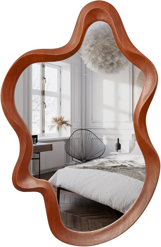 Irregular Wall Mirror,21"x 32"Asymmetrical Mirror Wood,Wooden Framed Wall Mirror,Modern Large Vanity Bathroom Mirror,Walnut Wavy Mirror for Entryway,Bedroom,Living Room,Washroom