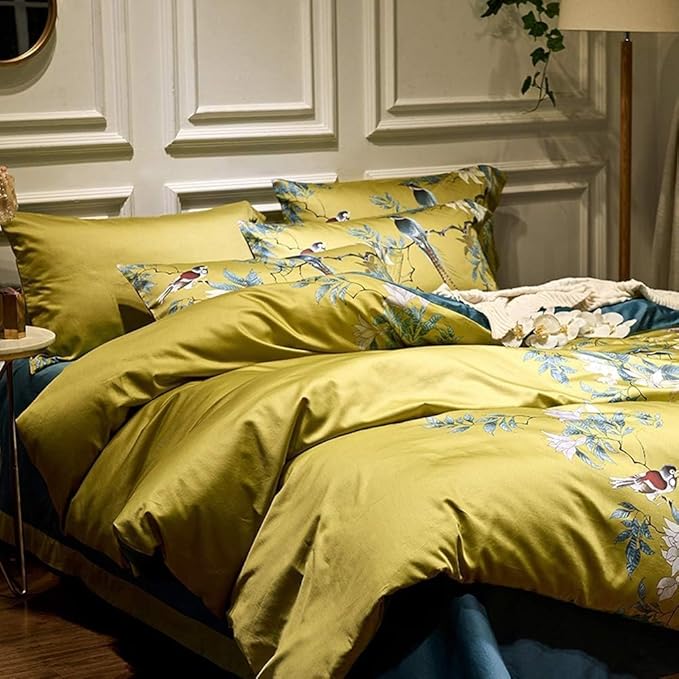 Garden Style Bird Duvet Cover Twin XL Vintage Boho Floral Duvet Cover Cotton Flowers Comforter Cover on Gold Yellow Bedding Set Farmhouse Floral Bedding Comforter Cover with 2 Pillowcases Twin XL Size