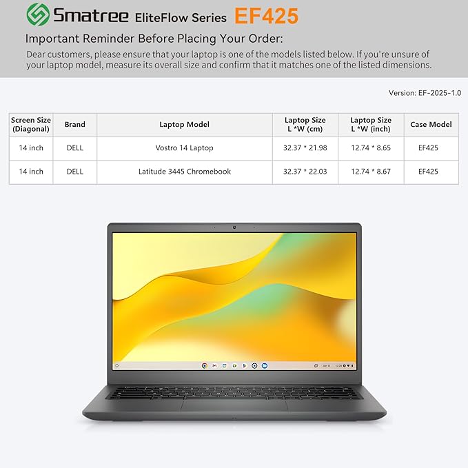 Smatree EliteFlow Laptop Sleeve Case for 14 inch DELL Vostro 14, for 14 inch DELL Latitude 3445 Chromebook, Slim Protective Case with Pocket and Handle, Patented Super-Corner Shock Protection (EF425)