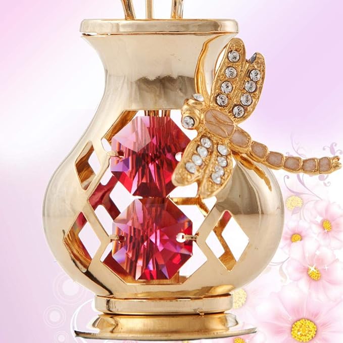 Matashi 24K Gold Plated Crystal Studded Flower Ornament in Vase with Decorative Dragonfly - Elegant Tabletop Ornament - Perfect Valentine's Day Gift for Her, Wife, Mom, Birthday, Home or Office Décor