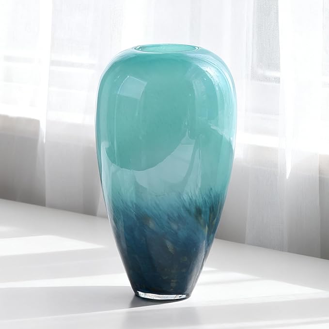 11" Tall Teal Glass Vase for Flowers, Hand Blown Gradient Decorative Vase for Home Decor, Centerpiece, Dining Table, Shelf, Mantel, Bathroom, Entryway, Countertop, Gift for Friends