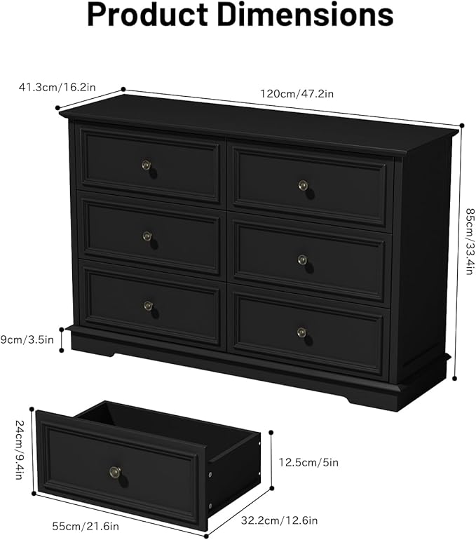 Modern 6 Drawer Dresser, Vintage Chest of Drawers with Metal Handle, Wooden Closet Dresser with Deep Drawers, for Living Room, Hallway, Black