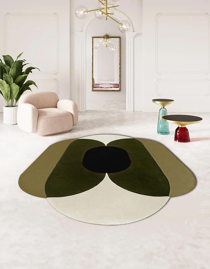 Minimalist Mid Century Modern Abstract Irregular Area Rug for Living Room Bedroom Guestroom Faux Wool Washable Carpet 9x12 Boho Meetingroom Home Office Stain Resistant Floor Rugs Olive Green Beige