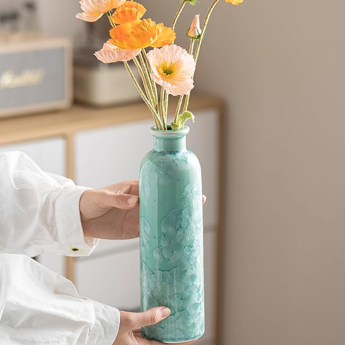Modern Ceramic Vase Set of 3, Green Crystalline Glaze Colors, Decorative Bottles for Home, Farmhouse Rustic Decor Housewarming Gifts, Wedding Gifts, Birthday Gifts for Women(Crystalline Glaze Green)