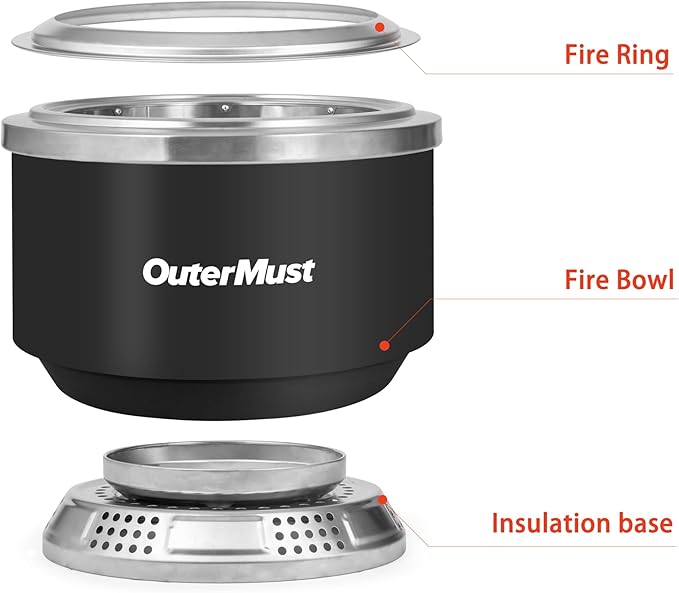 OuterMust 24 Inch Smokeless Fire Pit for Outside with Deck Safe Stand Wood Burning Outdoor Fireplace with Ash Pan for 5-7 Persons Stainless Steel Portable Bonfire for Patio, Deck, Backyard & Camping