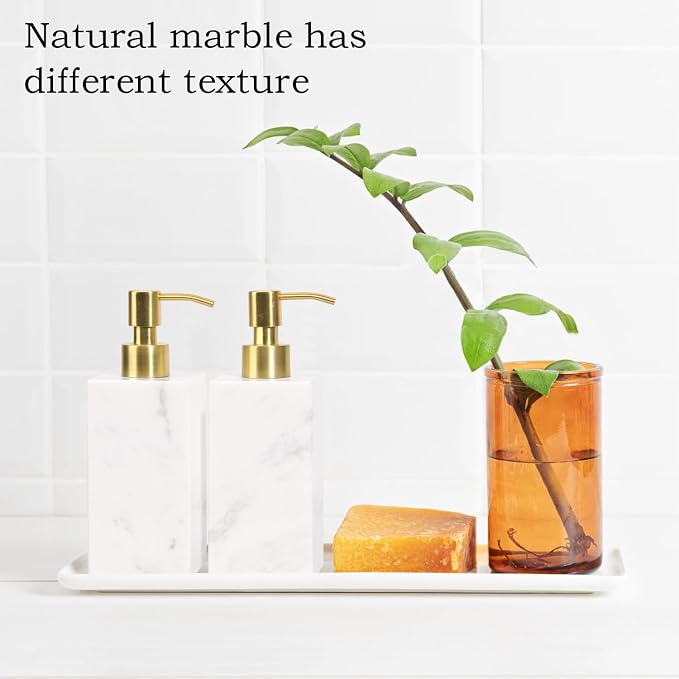 Natural Marble Soap Dispenser for Bathroom and Kitchen Countertop - 5.41 Ounces Hand Lotion and Liquid Stone Shampoo Laundry Bottle with Pump (1, White, Rectangular Bottle)