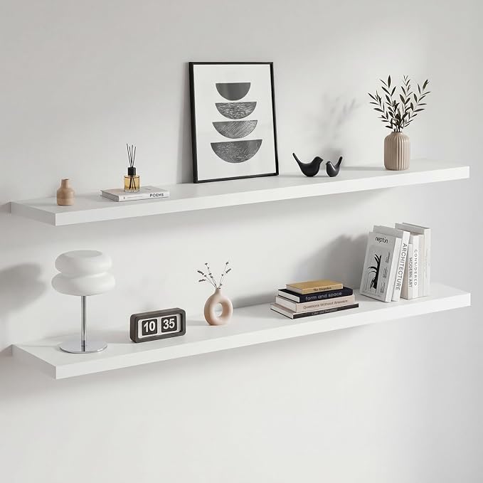 Homeforia Floating White Shelf 60 inches, High End Solid Real Wood 60inch Long Floating Shelves for Wall Mounted, White Wooden 60in Floating Shelves, Heavy Duty Bracket, 60 X 6.5 X 1.75 inch, Set of 2