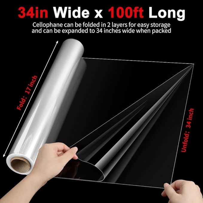 Mauproy 34 In x 100 Ft Clear Cellophane Wrap Roll, Extra Wide, 2.5 Mil Thick Transparent Plastic Gift Wrapping Paper for Gift Baskets, Flower Bouquets, Gifts, Treats (34” Fold into 17”)
