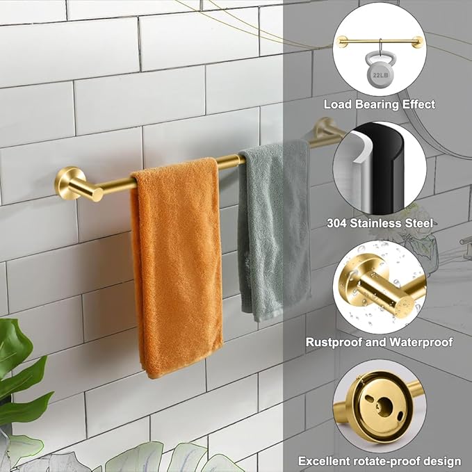 MGahyi Towel Racks for Bathroom-Adjustable Towel Holder(13.18inch-24inch) Sturdy and Rustproof Towel Bar Wall Mounted, Single Towel Bar Rod for Bathroom Accessories (Gold, 2Pcs-Towel Bar)