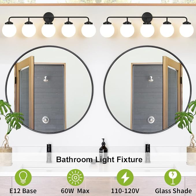 Bathroom Light Fixtures Over Mirror, 5-Light Matte Black Vanity Lighting with Milk White Glass Globe Shades Modern Wall Sconce