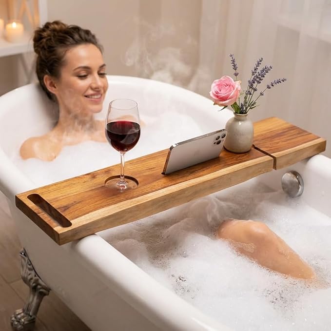 EcoDecors Eleganto 50" Live Edge Solid Teak Bath Caddy Tray with Handle, Book & Tablet Holder, Wine Glass Holders, Luxury Bathtub Tray