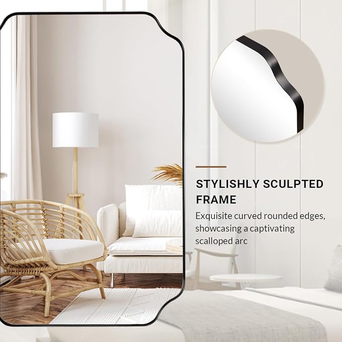 ANDY STAR 30x48 Inch Large Mirror, Matte Black Rectangle Mirror for Wall, Bathroom Mirror in Premium Stainless Steel Metal Thin Frame Deep 1’’, Unique Scalloped Edge, Hangs Vertically/Horizontally