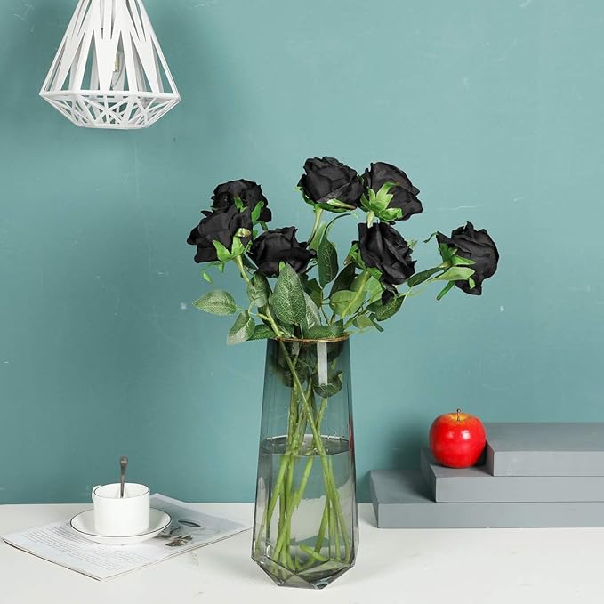 Kisflower 12PCS Black Roses Artificial Flowers Fake Roses Glitter, Silk Roses with Stems Realistic for Halloween Decorations Wedding Party Office Home Decor (Black)