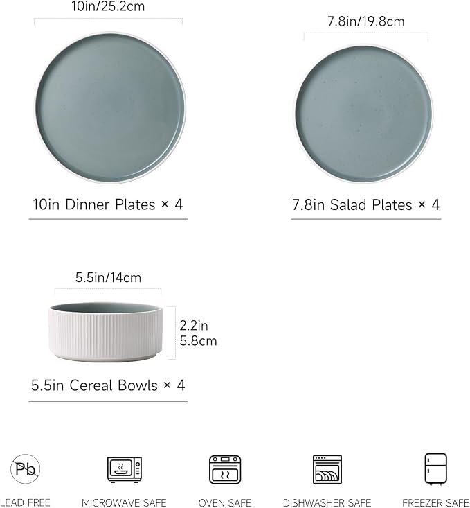 MONITO Ceramic Dinnerware Sets for 4, 12PCS Stoneware Plates and Bowls Sets, Reactive Glaze Dish Set, Chip and Scratch Resistant Double, Microwave and Dishwasher Safe, White Cyan