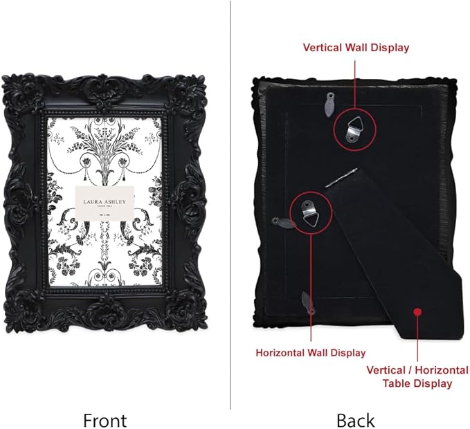 Laura Ashley 4x6 Black Ornate Textured Hand-Crafted Resin Picture Frame with Easel & Hook for Tabletop & Wall Display, Decorative Floral Design Home Décor, Photo Gallery, Art, More (4x6, Black)