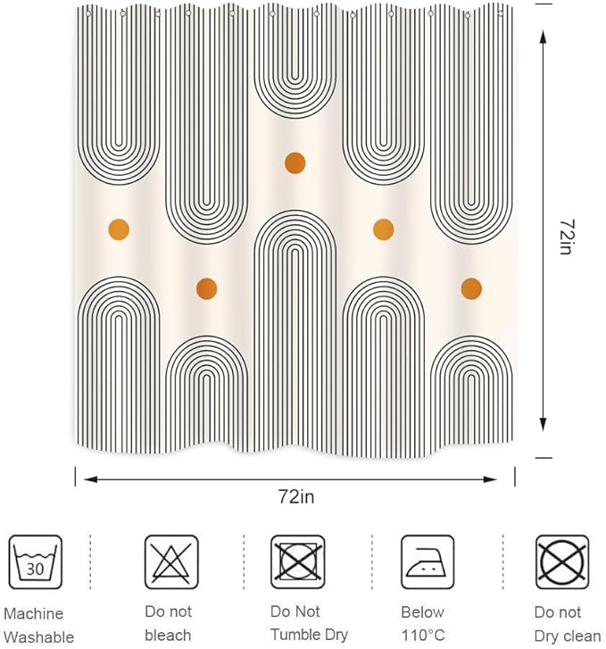 Mid Century Shower Curtain Boho Minimalist Abstract Arch Sun Simple Lines Geometric Modern Beige Bathroom Decor Waterproof Fabric 72Lx72W Inch with 12pcs Plastic Hooks
