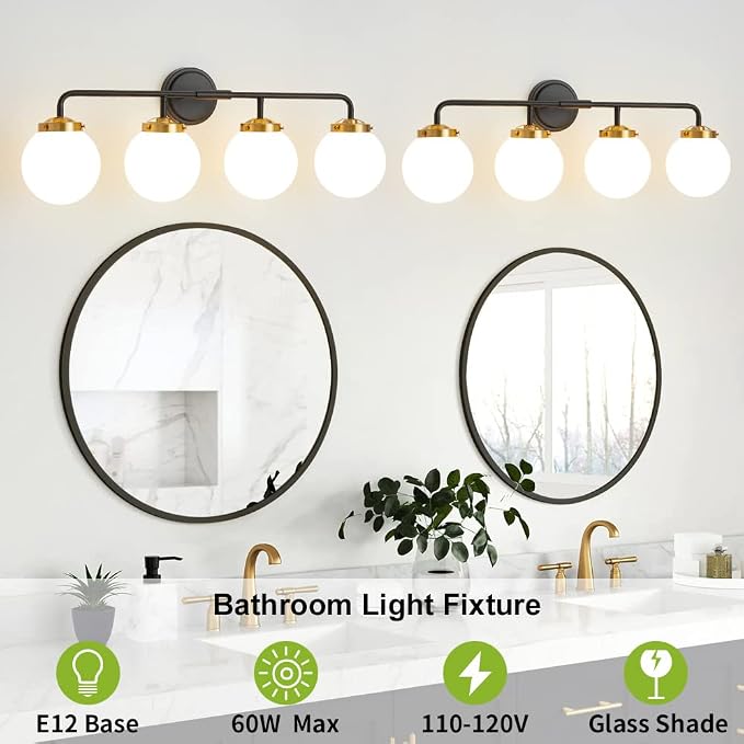 Black Gold Bathroom Light Fixtures Above Mirror, Modern Vanity Lighting with White Glass Globe Shade 4-Light Farmhouse Wall Sconce