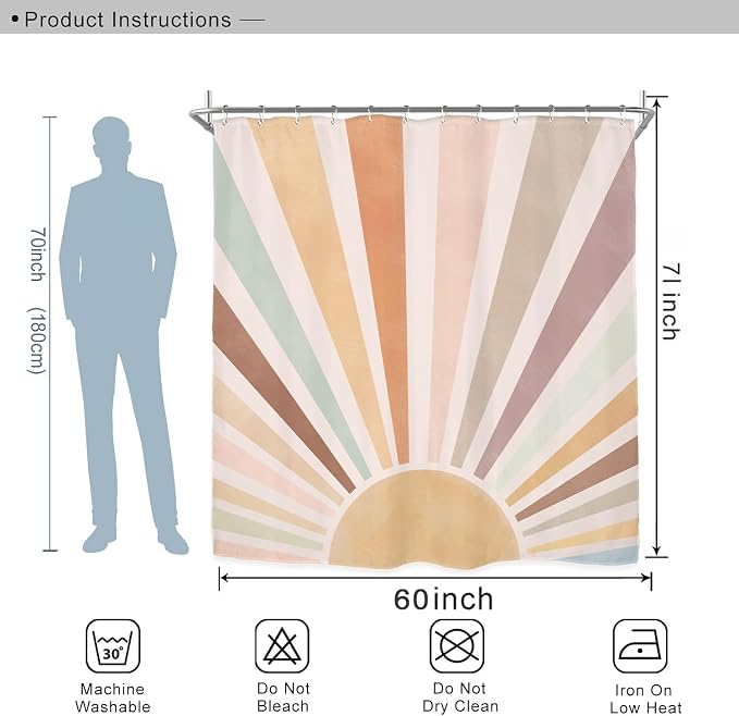 Miyotaa Pastel Sun Rainbow Retro Shower Curtain Set 60Wx71H Inches Minimalist Art Girls Abstract Colorful Aesthetic Vintage Polyester Waterproof Cloth Bathroom Curtain with 12 Hooks