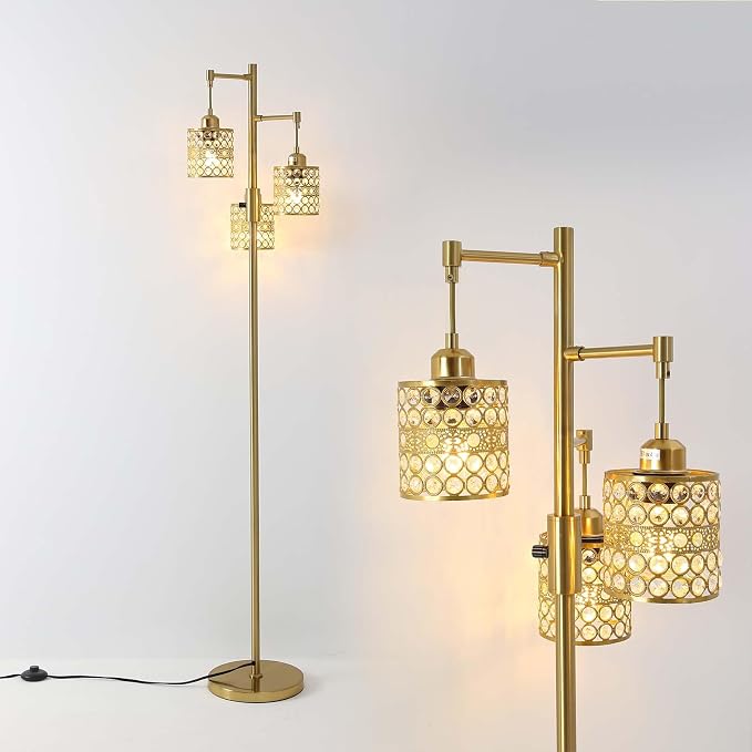 Industrial Floor Lamp,Dimmable Floor Lamp,Gold Tree Lamp Standing Lamp Tall Pole Lamps with 3 Elegant Crystal lampshades for Living Room Bedroom Office, Indoor