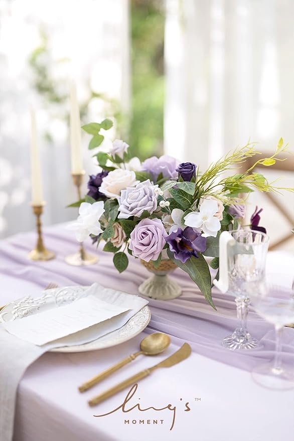 Ling's moment Lilac & Gold Artificial Flowers with Vase Wedding Decor Centerpiece Flower Potted for Ceremony Reception Tabletop Desk Flowers Mantel Archway Aisle, Light Purple Fake Flowers Set of 2
