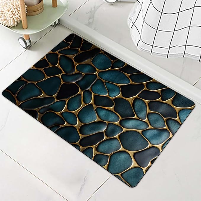Diatomaceous Earth Bath Mat,Blue and Gold Stones Non-Slip Volume Super Absorbent Fast Drying for Bathroom Kitchen mat,Eco-Friendly Easy to Clean 16×24Inch (40 * 60cm)