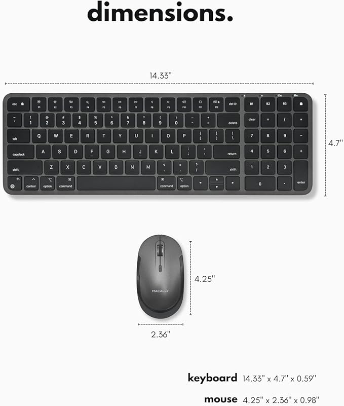 Macally Bluetooth Mac Keyboard and Mouse - Compact (2 Zone) Wireless Apple Keyboard and Mouse Combo with Number Pad - Multi Device, Rechargeable - for Mac, MacBook Pro/Air, iPad, iPhone - Space Black