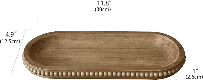 dwellington Wooden Farmhouse Decorative Tray, 11.8in Rustic Beaded Tray for Living Room Decor, Kitchen Table Décor, Oval Coffee Table Serving Tray (Natural)