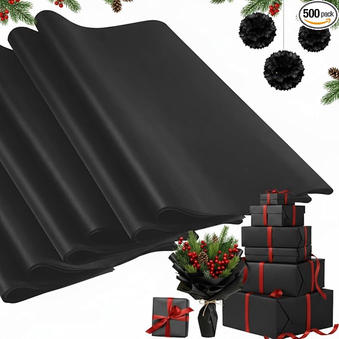 Qilery 500 Sheets Christmas Black Tissue Paper Bulk for Gift Bags 15 x 20 Inch Acid Free Packaging Wrapping Paper Sheets for Gothic Christmas Decor DIY Crafts, Birthday Party, Shipping Packing