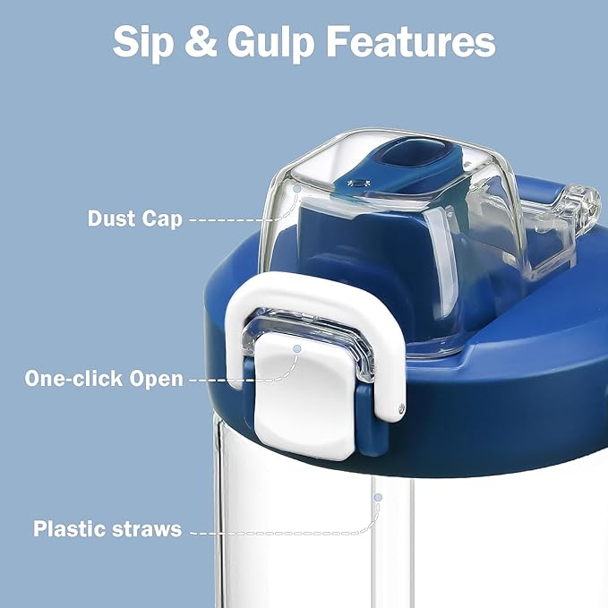 32oz Glass Water Bottle, 2-in-1 Straw and Sip Spout Lid, Leakproof Wide Mouth Tumbler with Handle, BPA-Free Reusable Bottle for Sports, Office, Outdoor, DBlue