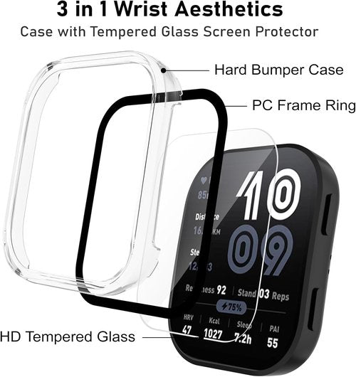 Amazfit Bip 6 Case - 4-Pack Hard PC Cover with HD Tempered Glass Screen Protector | Ultra-Thin, Anti-Scratch (Black, Pink, Beige, Clear)