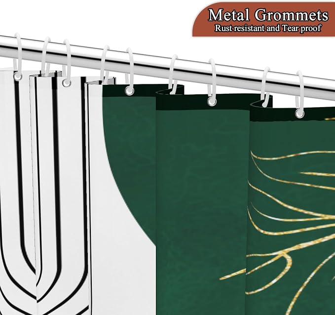 Mid Century Boho Shower Curtain, Abstract Modern Sun Minimalist Aesthetic Shower Curtain, Bohemian Geometric Arch Curve Leaves Neutral Art Fabric Bathroom Curtain Green 72x72 inch