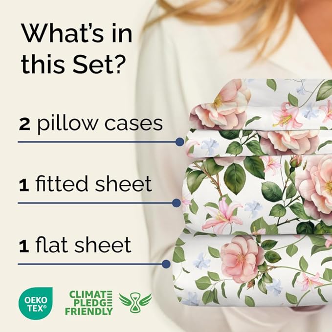 Floral Sheets - Pink Floral Rose Bed Sheet Set - 1 Flat, 1 Fitted & 2 Pillowcases w/ Deep Pockets - Comfy, Wrinkle & Fade Free Boho Botanical Bedding - Ultra-Soft, Breathable & Cooling - King Size New