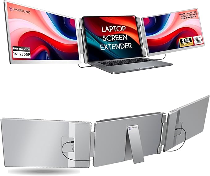 Smartlinx 16" Laptop Screen Extender Triple Display - 2560x1600P QHD Portable Monitor, USB C Detachable Plug & Play Extender for 12" -17" Laptops - Compatible with Windows/Android/PS4/MacBook