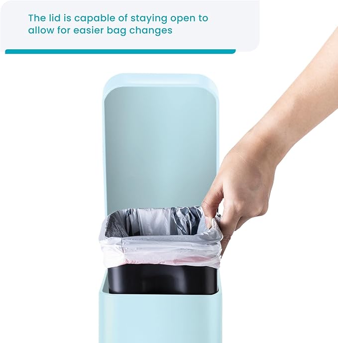 Home Zone Living 1.3 Gallon Small Bathroom Trash Can with Lid and Step Pedal, Stainless Steel Wastebasket with Slim Design for Home and Office, Powder Blue, 5 Liters