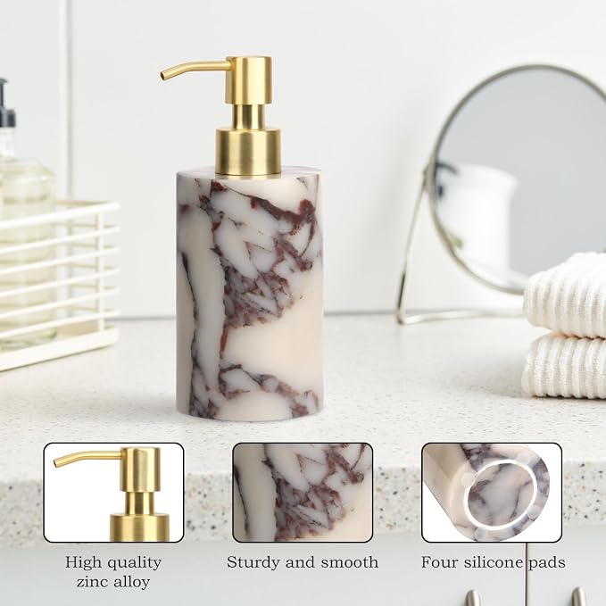 Natural Marble Soap Dispenser for Bathroom and Kitchen Countertop - 5.41 Ounces Hand Lotion and Liquid Stone Shampoo Laundry Bottle with Pump (1, Calacatta Viola, Cylindrical Bottle)