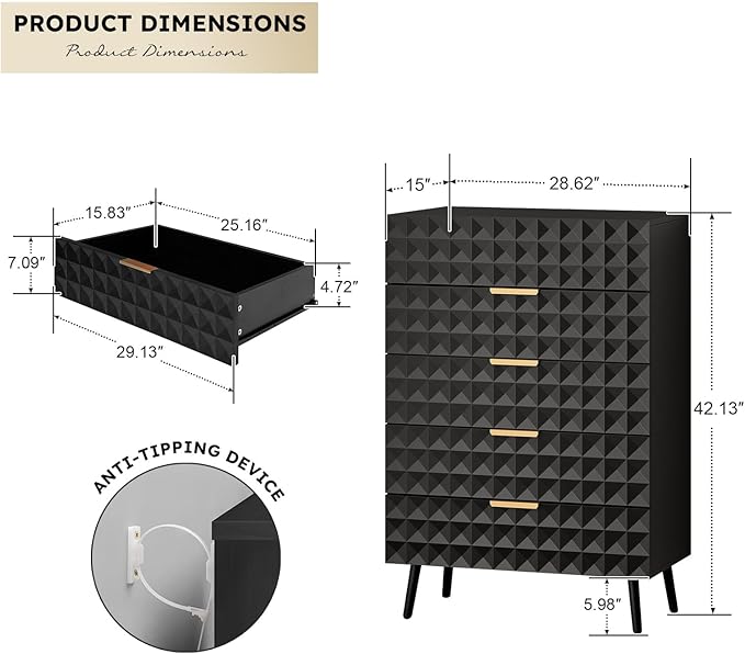 48" Tall Dresser,Chest of Drawers,5 Drawers Dresser for Bedroom,Clothes Storage with Diamond-Shaped