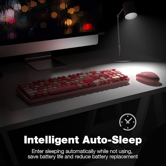 Wireless Keyboard and Mouse Combo, MOWUX Colorful Computer Full Size 2.4G Plug and Play Wireless Typewriter Keyboard and Mouse Set for Windows, Computer, Desktop, PC, Notebook (Pink Colorful)