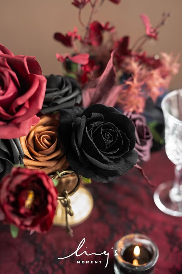 Ling's moment Fake Flowers Box, Faux Artificial Greenery Stems Foam Roses Dahlia Silk Maple Leaf Fabic Flower for Centerpieces Bouquet Wedding Vase Floral Decorations, Burgundy & Black, Mini Combo