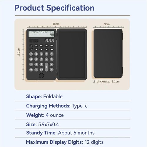 NEWYES Portable Calculator - Rechargeable Solar Power Desk Calculator with Notepad | 2-Line 12-Digit Display (Black)