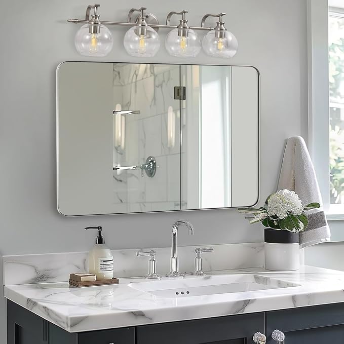 ANDY STAR 36”x48”Brushed Nickel Mirror for Bathroom, Rounded Rectangle Bathroom Mirror, Modern Metal Mirror in Premium Stainless Steel Frame, 1”Deep Set Design Hangs Horizontal Or Vertical