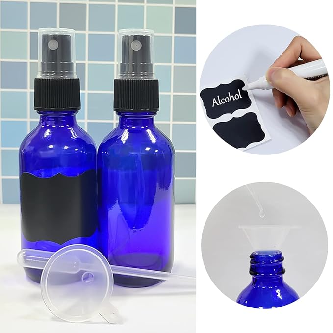 LUFEVRM 2oz Blue Glass Spray Bottles,Empty Small Perfume Travel Refillable Reusable Fine Mister Spray Bottle for Hair,Cleaning Solutions,Aromatherapy and Essential Oil with Extra Nozzle(2 Pack)