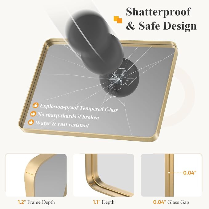 NEWBULIG 24X30 Inch Bathroom Mirror for Over Sink, Wall Vanity Mirrors Tempered Glass, Anti-Rust Metal Framed Rounded Rectangle, Hangs Horizontally or Vertically, Farmhouse Home Decor, Gold
