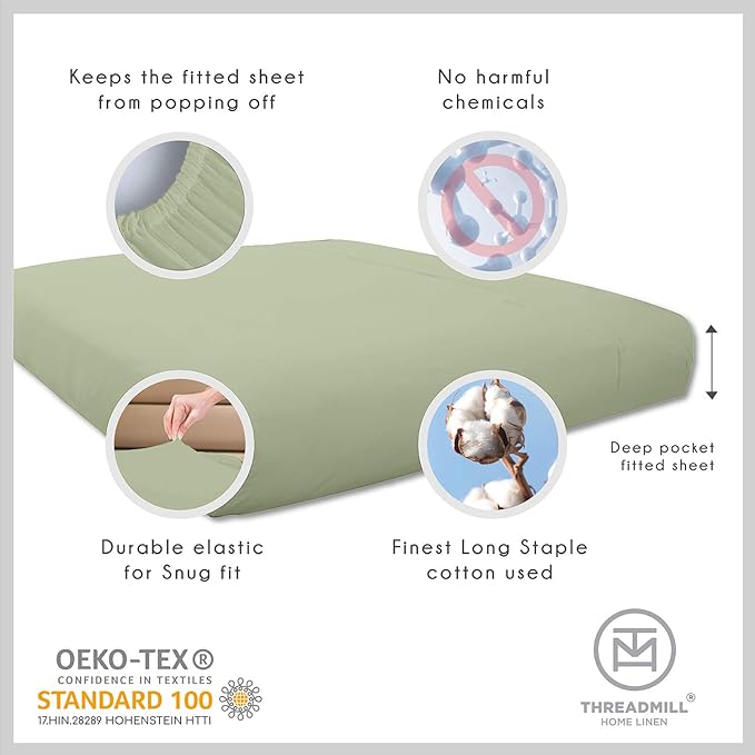Threadmill - Twin XL Sheets Set Soft 100% Cotton Cooling Sheets Deep Pocket Snug Fit Elastic, 500 Thread Count, 3-Pc, Hotel Quality Bed Sheets, Beats Egyptian Cotton Claim (Sage)