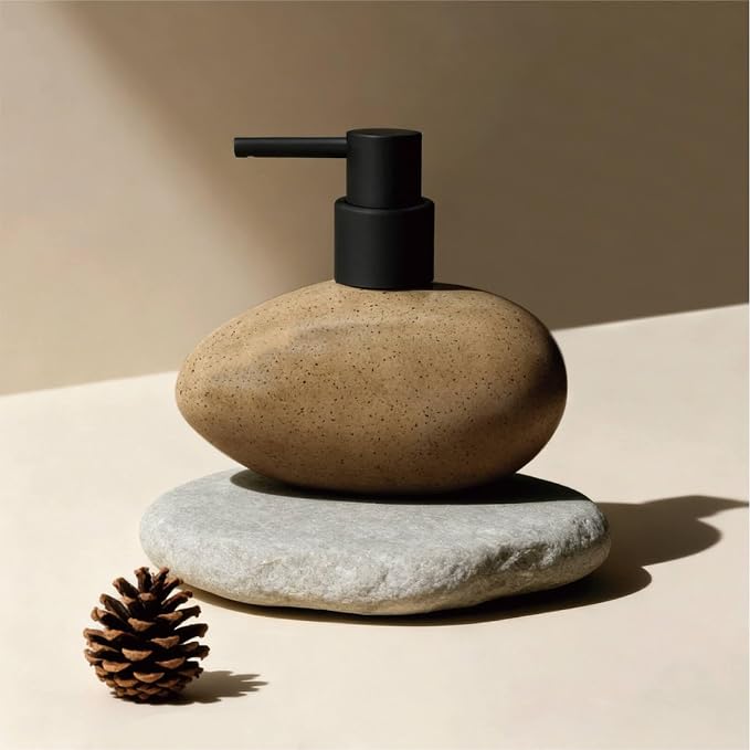 Ceramic Hand Soap Dispenser, Elegant Liquid Soap Dispenser for Bathroom Countertop, Heavy & Sturdy Dish Wash SoapDispenser for Kitchen (Stone Shape)