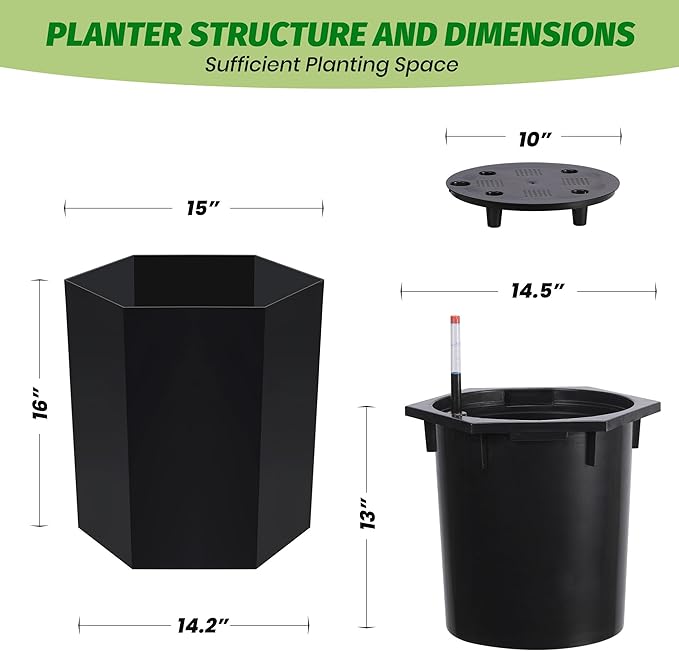 16in Flower Pot Set of 2, Self Watering Planters for Indoor Plants with Water Level Monitoring, Bottom Wheels and Water Outlet for Garden Plant Pots, Patio, Balcony, Lounge, Front Porch Decor