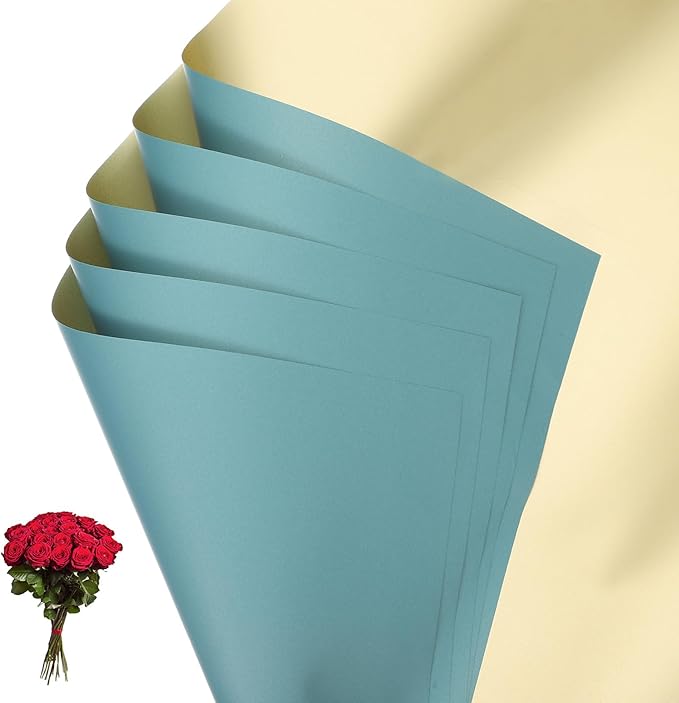 PATIKIL Flower Gift Wrapping Paper, 20 Sheets Double Sided Golden Waterproof Bouquet Paper Wrap Florist Supplies Packaging Floral Papers for Wedding DIY Craft Valentine, Gray Blue/Gold
