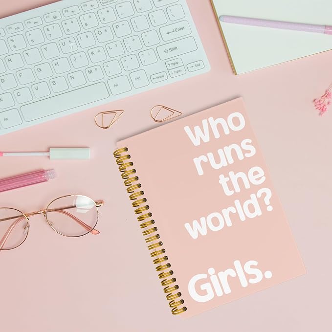 JKMBN Who Runs The World Journaling Notebooks, Pink Preppy Spiral Notebook, Inspirational Gifts for Women Teen Girls, Hardcover Spiral Notebooks College Ruled 5.5 x 8.3