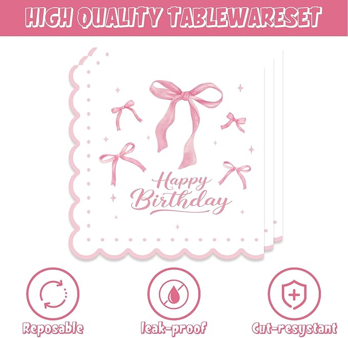 40Pcs Pink Bow Birthday Decorations Pink Bow Plates and Napkins Set Party Supplies for Baby Shower Decor Bachelorette Coquette Birthday Decorations for Girl