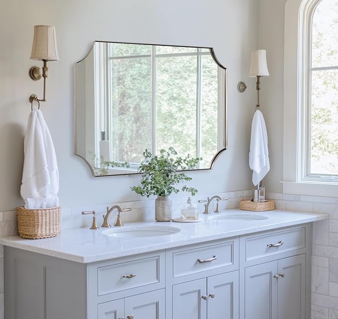 ANDY STAR 36"x48" Large Bathroom Mirror, Brushed Nickel Vanity Mirror, Modern Scalloped Wall Mirror in Anti-Rust Stainless Steel Thin Frame, Aesthetic Scalloped Corner Design, Ideal for Home Remodel