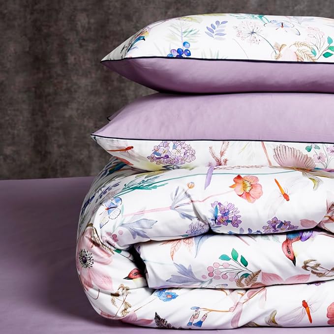 VM VOUGEMARKET Bird Flower Comforter Set Full Vintage Purple Flower Botanical Comforter,Fresh Garden Style Comforter with 2 Pillow Shams for Teen Girls(3pcs,Full)